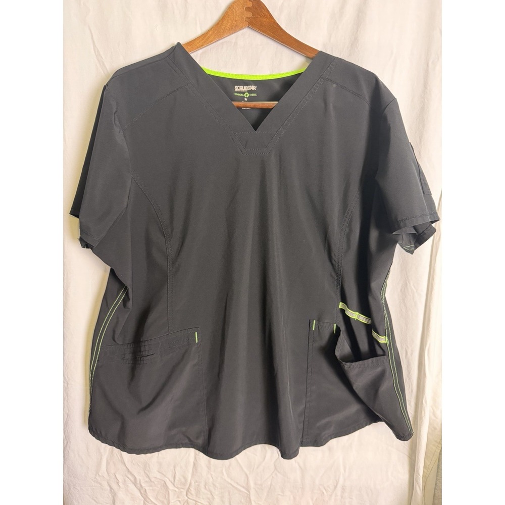 Scrub Star Women's Black Neon, Green Stitch, Scrub Top Size 2 Xl